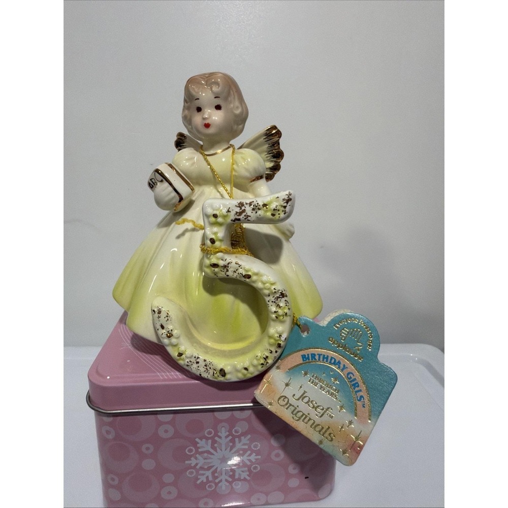 Vintage Josef Originals Age 5 Birthday Figurine Angel Girl 1960s Green Dress